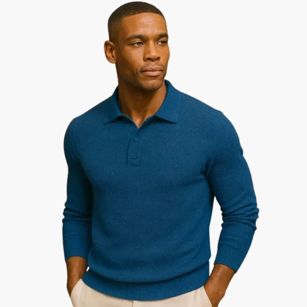 Men’s long-sleeve polo shirt with buttoned collar and straight hem
